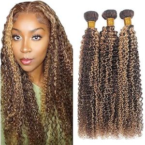 Tuheerst Curly Wave Human Hair Bundles P427 Highlight Blonde Real Hair Human Hair Extensions Sew in Hair Extension 3 Bundles Double Weft Remy Hair Low Shedding for Woman 32 32 32 Inch