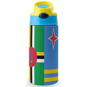 Dominica Aruba vlag 350 ml waterfles met rietje koffiebeker waterfles roestvrijstalen reismok voor vrouwen mannen blauwe stijl