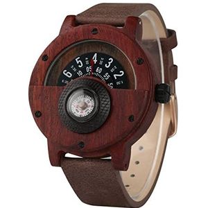 Handgemaakt Unieke Hout Horloge Mannen Retro Kompas Half Dial Design Houten Quartz Polshorloge Luxe Analoge Houten Horloge Mannelijke Klok Huwelijksgeschenken (Color : Reddish Brown)