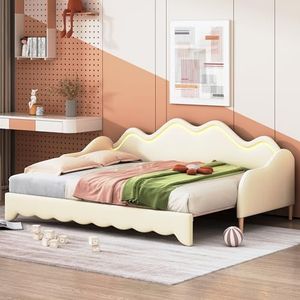Moimhear 90 (180) x 190 cm gestoffeerd bed, 2-in-1 multifunctioneel slaapbed, kunstlederen kinderbed met lamp met verlichting, met lattenbodem, beige