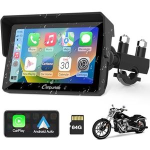 Carpuride W502 Motorfiets GPS Draadloos Draagbaar Apple Carplay & Android Auto, 5 inch IPS Waterdicht Touchscreen met Dubbele Bluetooth, TF Kaart, Navigatie/Siri/Google Assistant voor Motorfietsen