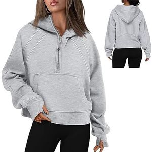 Vrouwen Cropped Hoodies Kwart Half Zip Cropped Hoodies Sweatshirts Zip Up Pullover Sweaters Duim Gat Workout Hoodie Zip Up (Color : Grey, Size : L)