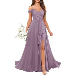 Chiffon bruidsmeisjesjurken voor dames, met split, lange baljurken, cocktailjurken, grote maten, Wisteria, 32