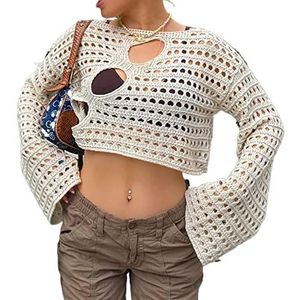 SMIMGO Uitgeholde, gehaakte, gebreide damestrui, Y2K crop top met lange mouwen, zomer losse trui, cover-up pullover, streetwear outfits (Kleur: wit, maat: M)