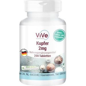 Koper 2mg - 200 tabletten - Koperbisglycinaat - Hoge dosering - Biologisch beschikbaar - Kwaliteit uit Duitsland - ViVe Supplements