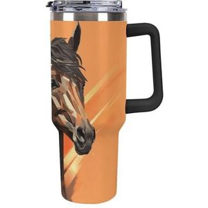 HJUQNGF 40 oz Gepersonaliseerde beker met handvat en stro oranje achtergrond met paard hoofd roestvrij staal geïsoleerde bekers herbruikbare auto thermische beker reizen koffiemok voor vrouwen mannen