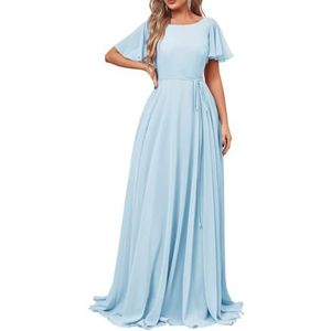 Damesjurken met korte mouwen, lange bruidsmeisjesjurk, chiffon, formele avondjurken met zakken, Lichtblauw, 32