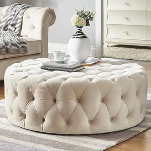 Luxe comfortabele pluche voetsteunkruk, kleine moderne salontafel, rond getuft fluwelen poef, einde van bedbank voor woonkamer, slaapkamer, beige, 60x60x40cm (24x24x16inch)