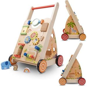 Babyspel en loopwagen, babywalker, loopwagen speelbord met interactief speelgoedwielen met rubber voor kinderen van 12 tot 36 maanden (Bruin)