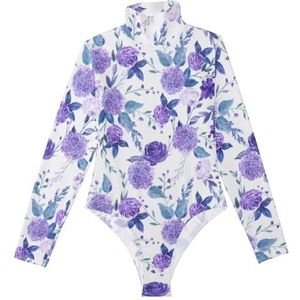 LI ZHI XIN Rompertjes met lange mouwen voor dames, eendelige jumpsuit met hoge hals, coltrui, turnpakje, top voor meisjes, dans, workout, fitness, body, violet bloemenpatroon, Meerkleurig, S