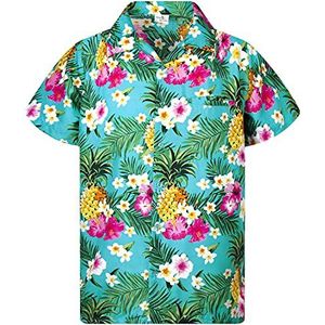 King Kameha Hawaiihemd, voor heren, korte mouwen, borstzakje, Hawaii-print met ananas- en hibiscusmotief, Pineapple Flowers turquoise, 4XL