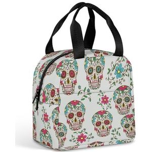 Dag van de Dode Kleurrijke Schedel Bloemen Lunch Box voor Vrouwen Mannen Geïsoleerde Lunch Tas Herbruikbare Lunch Tote Bag Lunch Container