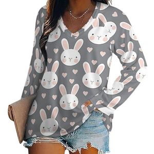 Bunny Face And Hearts Dames Casual Lange Mouw T-shirts V-hals Gedrukt Grafische Blouses Tee Tops XL