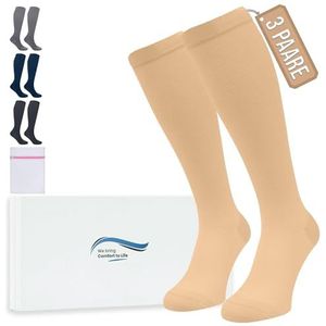 360 Relief 3 Paar Compressiesokken Dammes en Herren - Effen Kleuren Compressiekousen voor Sport, Hardlopen, Vliegen, Reizen, Joggen, Fietsen, Werk - Beige S/M Kniehoge sokken met Mesh Waszakje