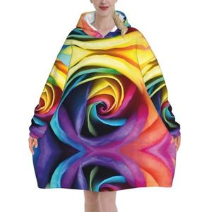 Regenboog Rose Bloem Vrouwen Sherpa Sweatshirt Deken Verlengt Warm Gezellige Oversized Draagbare Pocket Hoodie Volwassenen