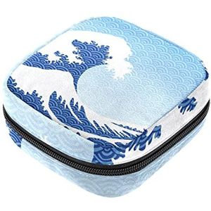 Maandverband Opbergtas, Vrouwelijke Product Pouches Draagbare Periode Kit Tas voor Meisjes Vrouwen Dames Japanse Vintage Stijl Grote Blauwe Golven, Meerkleurig, 4.7x6.6x6.6 in/12x17x17 cm