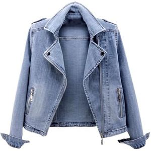 Pegsmio Vintage Elastische Slanke Korte Denim Jas Herfst Vrouwen Koreaanse Pak Kraag Rits Jeans Jas Jas, Lichtblauw, M