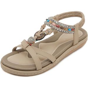 EFLALYHG Casual Bohemian strandsandalen met boogondersteuning zomerstrandsandalen enkelbandjes slippers open teen met juwelen versierde platte sandalen,Apricot,36 EU