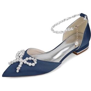 Dames Klassieke Puntige Neus Bruiloft Platte Satijnen Sandalen Parels Enkelbandje Lage Hak Prom Party Dress Schoenen,Marine,36 EU