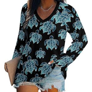 Sea Turtle Casual T-shirts met lange mouwen voor dames, V-hals, bedrukte grafische blouses, T-tops, L