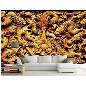 Goud Kubisch Reliëf Draak Kunst 3D Behang Huis Kantoor Home Eetkamer Bank Slaapkamer Woonkamer TV Achtergrond Muur-200cm×140cm