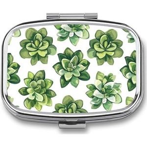 Reizen Pil Organizer Draagbare Pillendoos met 2 Compartiment Groen Succulent Patroon Pillengeval met Spiegel Kleine Pillenhouder Dagelijkse Pillencontainer Decoratieve Vitamine Organizer
