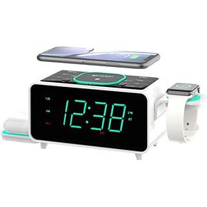 Emerson Smartset Dual Alarm Clock FM-radio met draadloos opladen, Bluetooth-luidspreker, ultrasnel opladen voor Airpods/iPhone, opvouwbare standaard, USB-oplader, verstelbare LED-gloed, ER100501