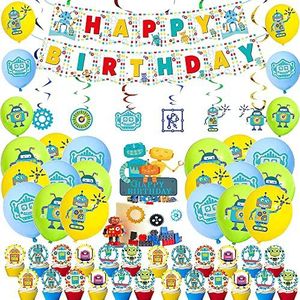 rosepartyh Robot Verjaardagsfeestartikelen Ballonnen Cupcake Toppers Gelukkige Verjaardag Banner Cake Decoraties Spiraal Ornamenten voor Kinderen Robot Verjaardag Feestdecoraties