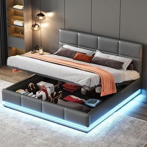 BXEYXE Gestoffeerd bed 160 x 200 cm met LED, metalen lattenbodem en bedlade, tweepersoonsbed met in hoogte verstelbaar hoofdeinde en hydraulische opbergruimte, grijs (zonder matras)