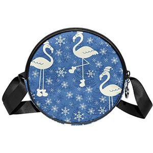 Ronde Crossbody Tas Messenger Purse voor Vrouwen Kerst Blauwe Sneeuwvlok Flamingo, Meerkleurig, 6.7x6.7x2.3 in, Sling Rugzakken
