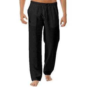 Heren Casual Linnen Broek Losse Pasvorm Rechte Pijpen Elastische Taille Met Trekkoord Zomer Strand Yoga Lange Broek (Color : Noir, Size : S)