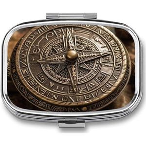 Magisch ontwerp Noorse runen kompas pillendoos kleine metalen pillendoos voor portemonnee en zak 2 compartimenten pillenorganizer met spiegel reizen pillendoos medicijndoosje draagbare pillencontainer