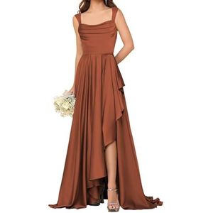 HPPEE Satijnen bruidsmeisjesjurken voor dames met split ruches vloerlengte korset mouwloze formele feestjurk, Verbrand Oranje, 32