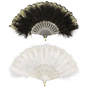 MIVAIUN 2 stuks opvouwbare handheld veer waaier geborduurde bloem Maraboe veer ventilator, jaren 20 vintage vouwventilator, jaren 20 accessoires voor kostuum Halloween dansen bruiloft feest prom