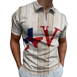 Love Texas Kaart op verweerd hout poloshirt voor heren, casual T-shirts met ritssluiting en kraag, golftops, slim fit
