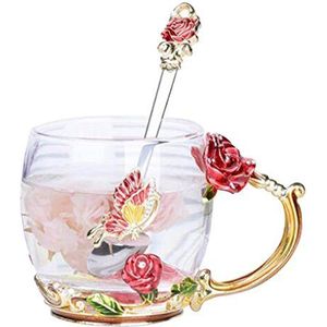 YBK Tech Creatieve bloem glazen mok Crystal Glass Tea Cup voor warm drankje, ijsthee, voor zus, moeder, oma - rode vlinder en rode roos, zonder geschenkdoos (klein (320ml))