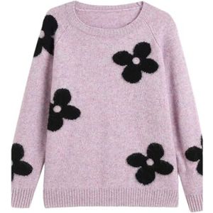 Vrouwen Ronde Hals Wollen Trui Bloem Oman Dikke Tegel Lange Mouw Crewneck Trui Knitwear, Paars, Eén Maat