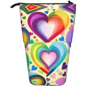 Nbtghga Harten in Regenboog Kleuren Print Potlood Telescopische Klassieke Kunst Stand Up Etui Organizer Potlood Houder Make-up Tas Gift, Zwart, Eén maat