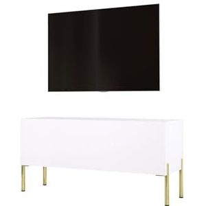 3E 3xE living.com TV-kast in mat wit met poten in goud, A: B: 100 cm, H: 52 cm, D: 32 cm. TV-meubel, tv-tafel, tv-bank