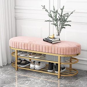 Comfortabele fluwelen entreebank, moderne schoen Bech Seat Schoenenrek Bank Met 2-Tier Gouden Schoenenrek, Premium Hal Veranda Schoenenkast Organizer-Roze 60x32x43cm (24x13x17inch)