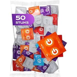 ON) Condoommix I 50 stuks verpakking I Premium condooms 7 verschillende soorten & maten met 54 mm breedte I 10x extra dun, natuurlijk & genopt I 5x extra sterk, met aardbei, banaan, chocolade geur