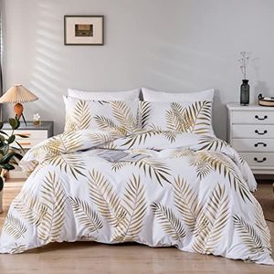 Damier Beddengoed, 220 x 240 cm, 3-delige set, goud wit met bladeren, zachte microvezel, dekbedovertrek met verborgen ritssluiting en 2 kussenslopen 80 x 80 cm, bladermotief