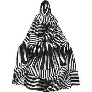 Zwart-witte gestreepte mantel met capuchon voor mannen en vrouwen, volledige lengte carnaval maskerade cape kostuum, 190 cm
