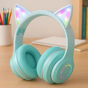 Bluetooth Hoofdtelefoon Voor Kinderen, Kattenoren, Opvouwbare Meisjes Hoofdtelefoon, Over-Ear, Kinderhoofdtelefoon, Bluetooth, Draadloos Met Led-Licht, Kattenoren En Microfoon Voor School(Blauw)