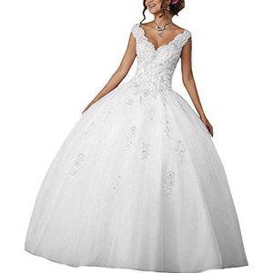 Carnivalprom Dames V-hals Quinceanera jurken met kant avondjurken lange bruiloftsjurk elegante baljurk, wit, 34