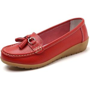 WDUDSUDUW Vrouwen Klassieke Lederen Loafers Casual Slip-On Boot Schoenen Comfortwalking Mocassins Zachte Zool Schoenen, B Rood, 41 EU
