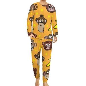 Leuke gezichten van apen en bananen, comfortabele herenpyjama, set met ronde hals, lange mouwen, loungewear met zakken, M