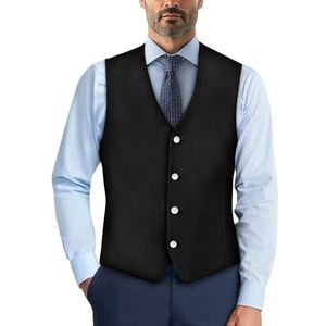 Wismoutput Heren V-hals pak vesten zachte slim fit button down jurk stijlvol blazer vest met riem aan de achterkant, Zwart, S