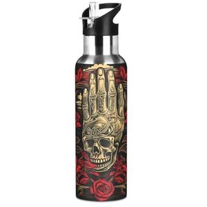 Red Rose Skull Hand Sport Water Fles Geïsoleerde Rvs Grote Vacuüm Fles Lekvrije Thermos met Riet voor Reizen (600 ml/1000 ml)