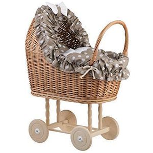 e-wicker24 Poppenwagen van wilgentenen met beddengoed perfecte cadeau-idee Wilgenpoppenwagen mooi Speelgoed van vlechtwerk Mandwagen voor poppen Speelgoed voor meisjes (beige)